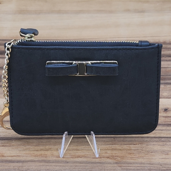 Handbags - Black Wallet with Gold Chain and Bow Accent